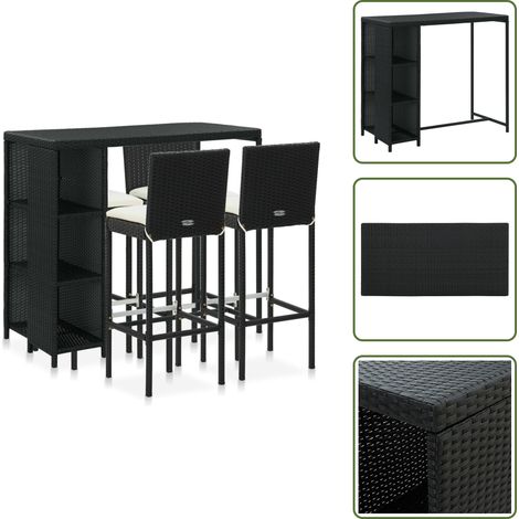 5-tlg. Gartenbar-Set mit Kissen Poly Rattan Schwarz - Gartenbar - Outdoor-Bar - Rattan-Bar - Gartenmöbeln - Balkonmöbel (1/5)