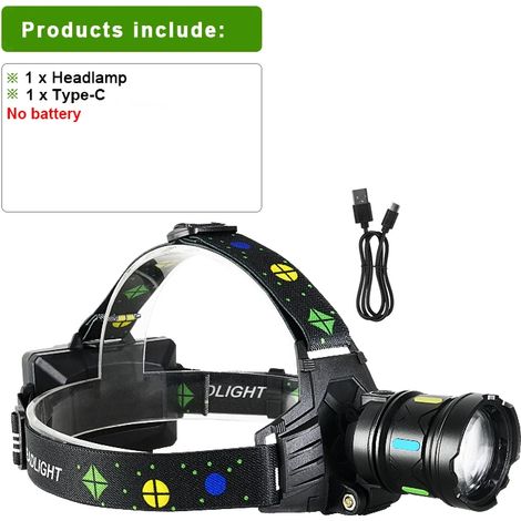 Lampe frontale LED rechargeable (sans piles) ultra-puissante, éclairage blanc/jaune, portée 4 km, idéale pour le camping et la pêche. (1/5)