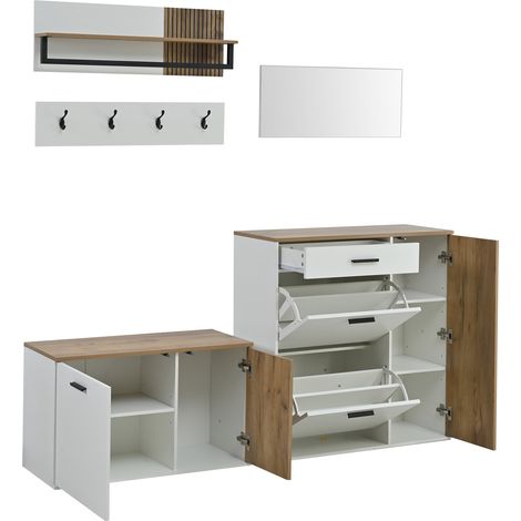 Muebles de Entrada con 4 Puertas, 1 Cajón, 3 Estantes, 4 Ganchos y Espejo, en Tablero de Partículas, 85×36×85 cm (1/5)