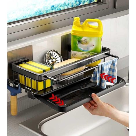 Acrylicc Spülbecken Organizer Schwarz,Kein Bohren Erforderlich Schwarzer Organizer für Küchenspülen,Mit Tropfschale Lappenhalter und Haken für Küchenschwämme,Bürsten und Spülmittel