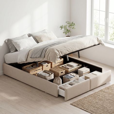 Polsterbett 160x200 cm ohne Kopfteil, Stauraumbett, mit Lattenrost und 2 Schubladen, Leinenstoff, Beige