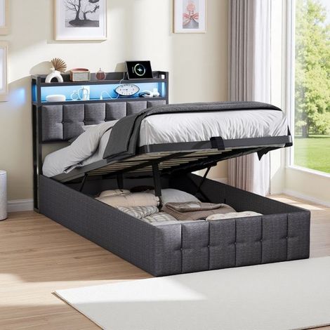 Bett 90x200 cm - Kinderbett mit Stauraum - Integrierte LED - USB - Grau