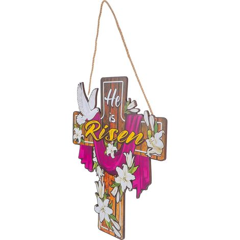 Décoration Murale de Pâques Croix en Bois Fleurs Printanières, Panneau Suspendu pour Porte D’entrée, Accroche-porte Festif, Décor Religieux pour Maison et Porche (1/5)