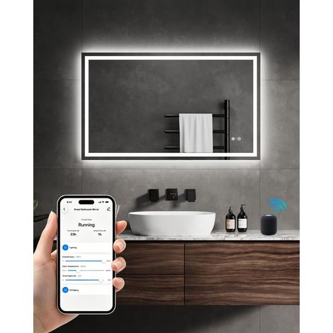 Specchio Bagno con Luce LED 60x100cm, Specchio intelligente illuminato da Parete, Specchiera Bagno Controllo Vocale Tramite App 3 Colori Luce Antiappannamento Interruttore Touch, Funzione Memoria (1/5)