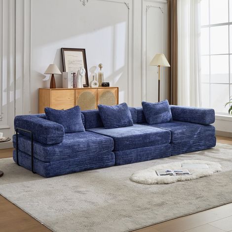 Divano letto modulare convertibile in ciniglia blu scuro OKWISH (1/5)