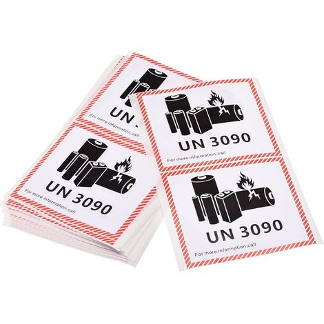 Lot de 100 étiquettes autocollantes rectangulaires UN3490 d'avertissement concernant les batteries,