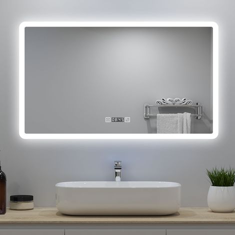 120 x 70 cm Specchio da bagno(dimensioni grandi), orologio, Luci a LED, 3 temperature di colore, touch, IP44, antiappannamento (1/5)