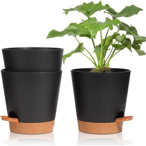 3 Pcs Pots de Fleurs en Plastique 16.5cm Noir Auto-Arrosant avec Soucoupe avec Système d'arrosage Pot de Fleur Paresseux Convient aux Jardins de Balcon Intérieurs et Extérieurs (1/5)