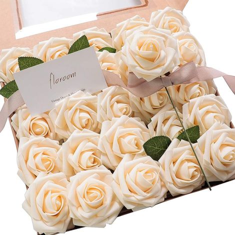 Fleurs artificielles 25 pièces Roses en mousse ivoire réalistes avec tiges pour bouquets de mariage à faire soi-même Centres de table blancs pour enterrement de vie de jeune fille Décoration de tables (1/5)
