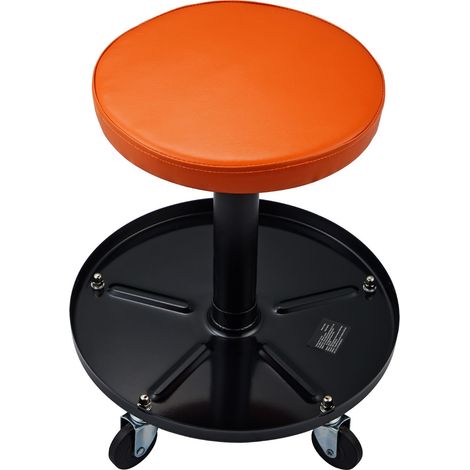 Tabouret d'atelier mécanique, 113 kg, roulettes pneumatiques, hauteur réglable 56-71 cm, avec plateau à outils, noir et orange. (1/5)