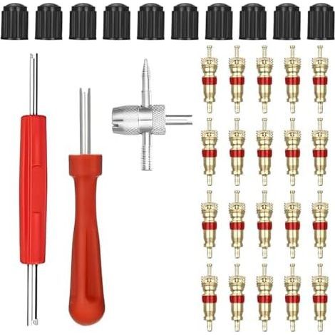 Kit Reparation Pneu Voiture, 33 Pcs avec Demonte Obus Valve à Double et Une Tête 4 en 1, 20 de 10 Capuchons Voiture pour Camions Vélos Motos Entretien Auto B - (1/5)