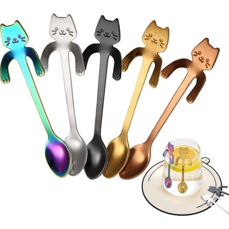 Allecto - Cucchiaini da caffè a forma di gatto - Cucchiaini a forma di gatto - 5 colori - Cucchiaini decorativi per caffè e dessert - Perfetti per gli amanti dei gatti (1/5)