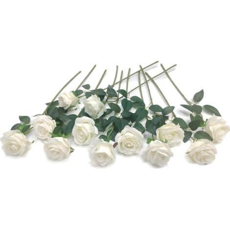 QORVA 12 Stück (Weiß) Künstliche weiße Rosen, langstielige künstliche Seidenrosen für Brautsträuße, Heimdekoration, Hotel, Garten (1/5)