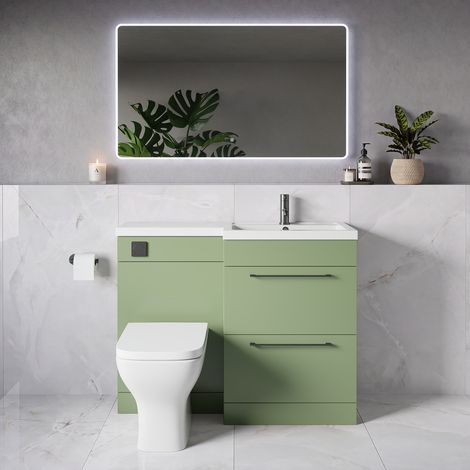 Napoli 390 Olive Green 1100mm 2 Drawer Vanity Unit Toilet Suite with Square Right Hand Lucia Basin - 1100mm - Gunmetal Grey 320mm HandleWith Kingston Toilet Pan and Seat