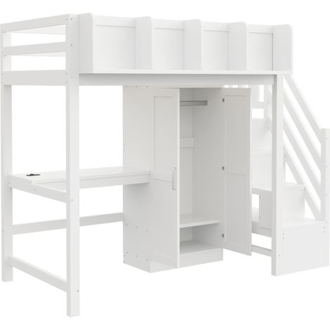 Letto a soppalco 90x200 cm con scrivania armadio scala contenitore LED prese bianco MODENUIT (1/5)