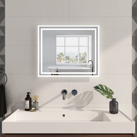EMKE Miroir lumineux de salle de bain 60x50cm, Miroir de salle de bain avec Interrupteur Tactile, Anti-buée, Dimmable, Miroir LED avec Lumière Blanche Froide (1/5)