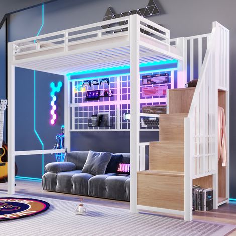 Lit cadre métallique enfant 90x200 cm blanc sans matelas. LED 7 couleurs,échelle de rangement,espace sous lit ouvert. (1/5)