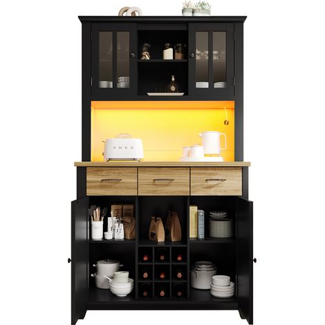 ELVMI Credenza Cucina Alta con 6 Vani, Portabottiglie e LED, per Cucina, in MDF, Nero, 106 x 40 x 179.5 cm (1/5)