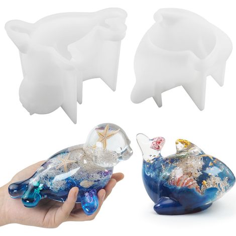 Lot de 2 moules en silicone 3D en forme de dauphin - Motif baleine et chien de mer - Grand moule en silicone pour résine, bricolage, maison, bureau, armoire, décoration murale (1/5)
