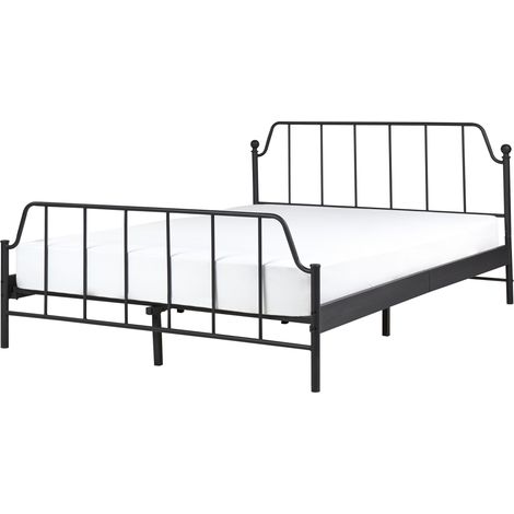 Cama con somier minimalista moderno listones de madera de álamo metal negro 140 x 200 cm Mauressac