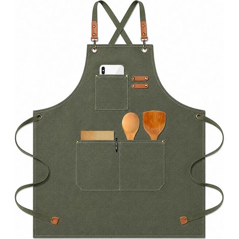 Tablier de Cuisine Tablier Barbecue Homme Tablier de Travail Femme avec Sangle Réglable et 3 Poches Tabliers Toile pour Serveurs Cuisson Peinture Poterie (1/5)