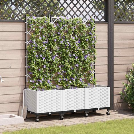 vidaXL Jardinera con enrejado y ruedas 3 uds. Blanco 120 x 40 x 149 cm (1/5)