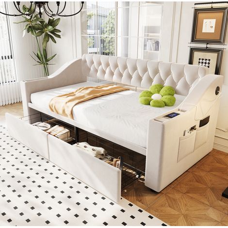 Bettsofa modern 90x190 cm aus Samt in Beige, mit Stauraum-Armlehnen, USB/Type-C und 2 Schubladen (1/5)