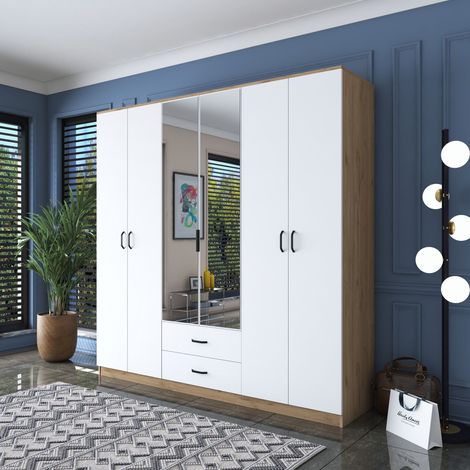 Großer Kleiderschrank Neirone, Schlafzimmer-Schrank, 2 Schubladen, 5 Regale, Kleiderstange, 210x210h cm, Weiß (1/5)