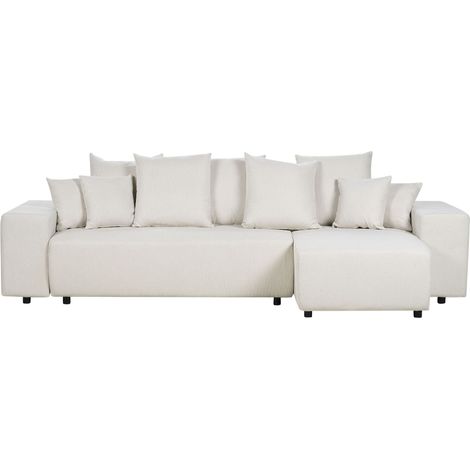 Eckschlafsofa 3-Sitzer LUSPA Stoff Hellbeige mit Stauraum linksseitig
