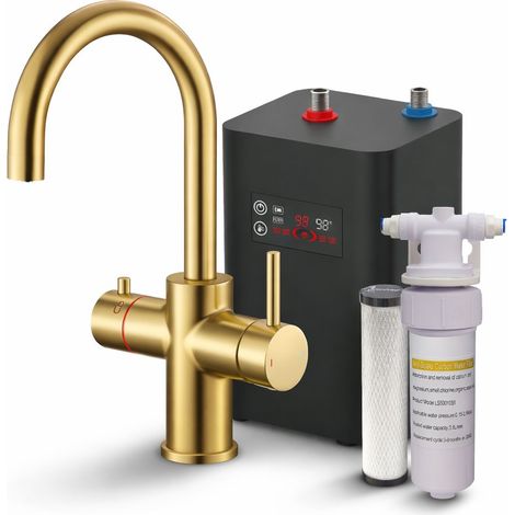 Brushed Brass 3 in 1 Instant Boiling Hot Water Kitchen Tap Curved + Tank Filter