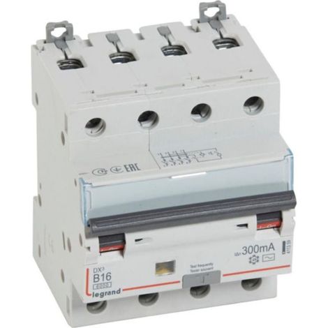 Disjoncteur différentiel monobloc DX³6000 10kA arrivée haute départ bas à vis 4P 400V - 16A - typeAC 300mA - courbe B - LEGRAND