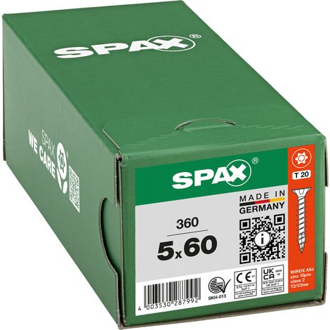 Spax – Vis polyvalente 5 x 60 mm – 360 pièces – Filetage complet pour assemblages bois – Tête fraisée T-STAR plus T20 – WIROX – 8000000287992