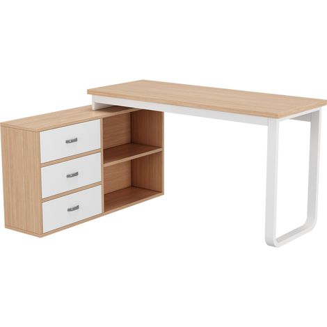 Scrivania per ufficio in MDF e metallo, 3 cassetti e 2 vani a giorno, 147 x 100 x 75,3 cm, naturale (1/5)