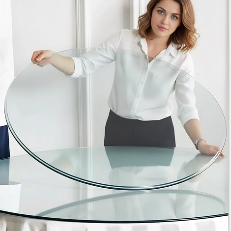 Plateau rond en verre trempé Ø76 cm,épaisseur 0,72 cm. Robuste et pratique,idéal pour cuisine,salon et salle à manger.