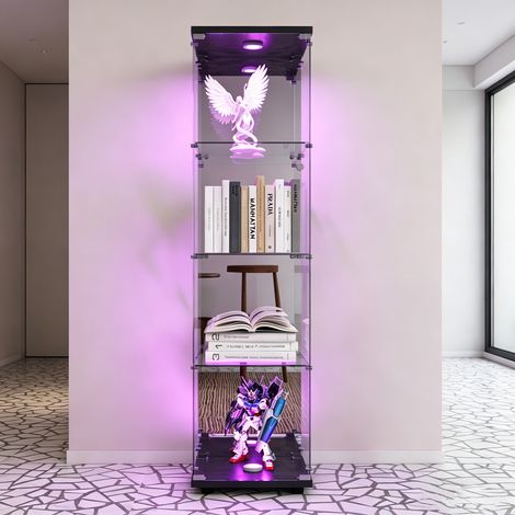 Vitrine en Verre 4 niveaux avec Éclairage LED, Dimensions 42.5x36.5x164 cm, Portes simple avec serrure, armoire de présentation pour figurines, collection et spiritueux