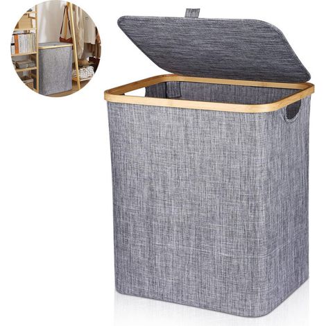 Panier à Linge 60L Corbeille à Linge Pliable Panier à Linge en Bambou Boîte à Linge avec Couvercle & Poignée, Panier à Linge Sale Rectangulaire pour Sale Vêtements, 40X33X45CM Gris Foncé (1/5)