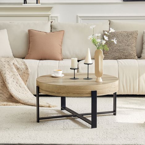 Table basse ronde Ø68cm style industriel,plateau MDF bois naturel,cadre croix métal noir. Compatible style wabi-sabi. (1/5)