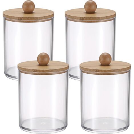 Lot de 4 boîtes de rangement transparentes en plastique pour bouteilles de médicaments avec couvercles en bambou, pour distributeur de cotons-tiges, organisateur de bocaux de salle de bain (1/5)