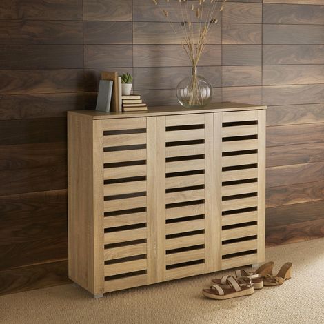 Oslo 3 Door Oak Wooden Shoe Storage Cabinet Rack Stand Cupboard Slatted Doors (1/5)