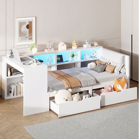 Cama de MDF y madera contrachapada blanca 90x200 cm con cajones, estantes, LED, USB y cabecero tapizado (1/5)