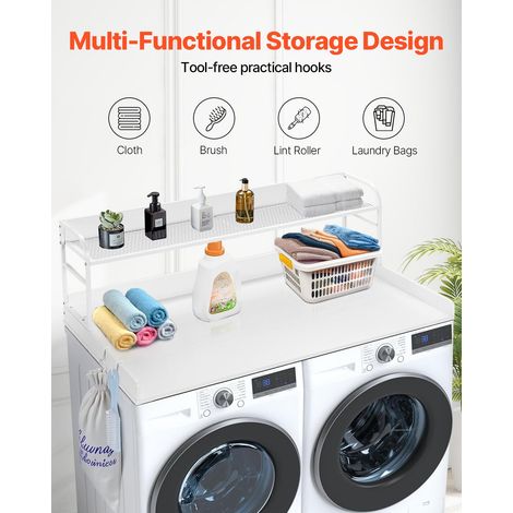 Comptoir pour lave-linge et sèche-linge avec étagère à 2 niveaux, surface de comptoir en bois, 1370 x 700 mm, avec coussinets antid… (1/5)
