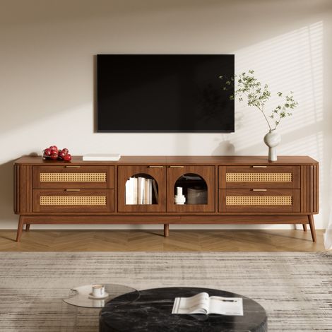 Meuble TV 180x40x50 cm,LED via application,4 tiroirs,2 portes cintrées en verre trempé,panneaux de particules effet bois (1/5)