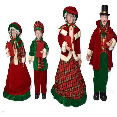 Famiglia di 4 Cantori Natalizi Grandi 50-65 cm in Tessuto Scozzese  Set Coro di Natale da Interno ed Esterno Figure Decorative Addobbo per Casa e Albero di Natale