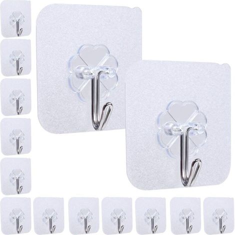 Paquet de 14 crochets auto-adhésifs, crochets résistants imperméables 22 lb/10 kg (max) crochets transparents sans couture solides pour salle de bain cuisine salon