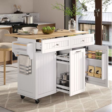 MEUBLIV îlot de cuisine mobile blanc avec plateau extensible, roulettes et rangements (1/5)