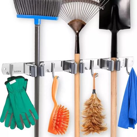 Organisateur porte-balais, support mural en acier inoxydable, 3 supports pour balais, 4 crochets pour balais, gants et brosses.