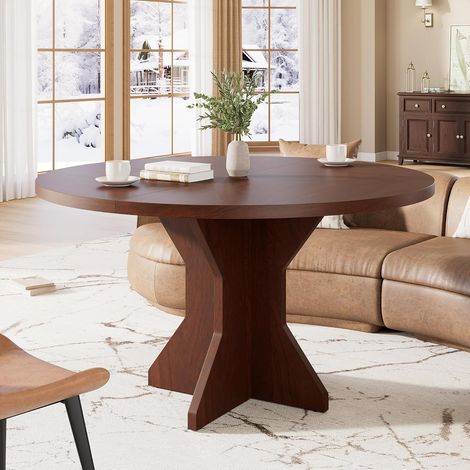 Table à manger ronde 47" noyer style ferme piédestal pour 4-6 personnes cuisine appartement (1/5)