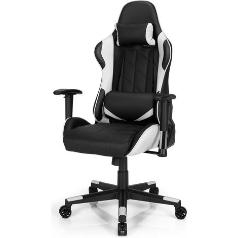COSTWAY 360˚ Gaming Stuhl, Verstellbarer Neigungswinkel Computerstuhl Racing Style Drehstuhl mit Kopfstütze & Lendenkisse, ergonomisch für Gaming, Zuhause, Büro Weiss (1/5)