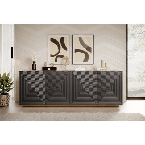 Bobochic – Buffet 4 portes 200 cm – Largeur 43 cm – Hauteur 71,4 cm – Design moderne avec façades chevronnées – Système d'ouverture sans poignée (1/5)