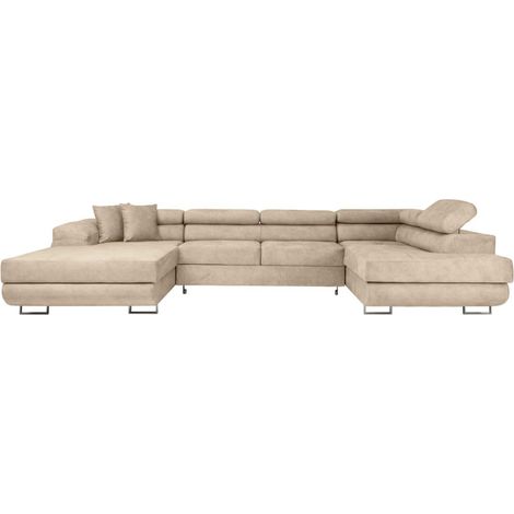 Canapé panoramique 6 places FLAVIO convertible avec 2 coffres en tissu - Beige (1/5)